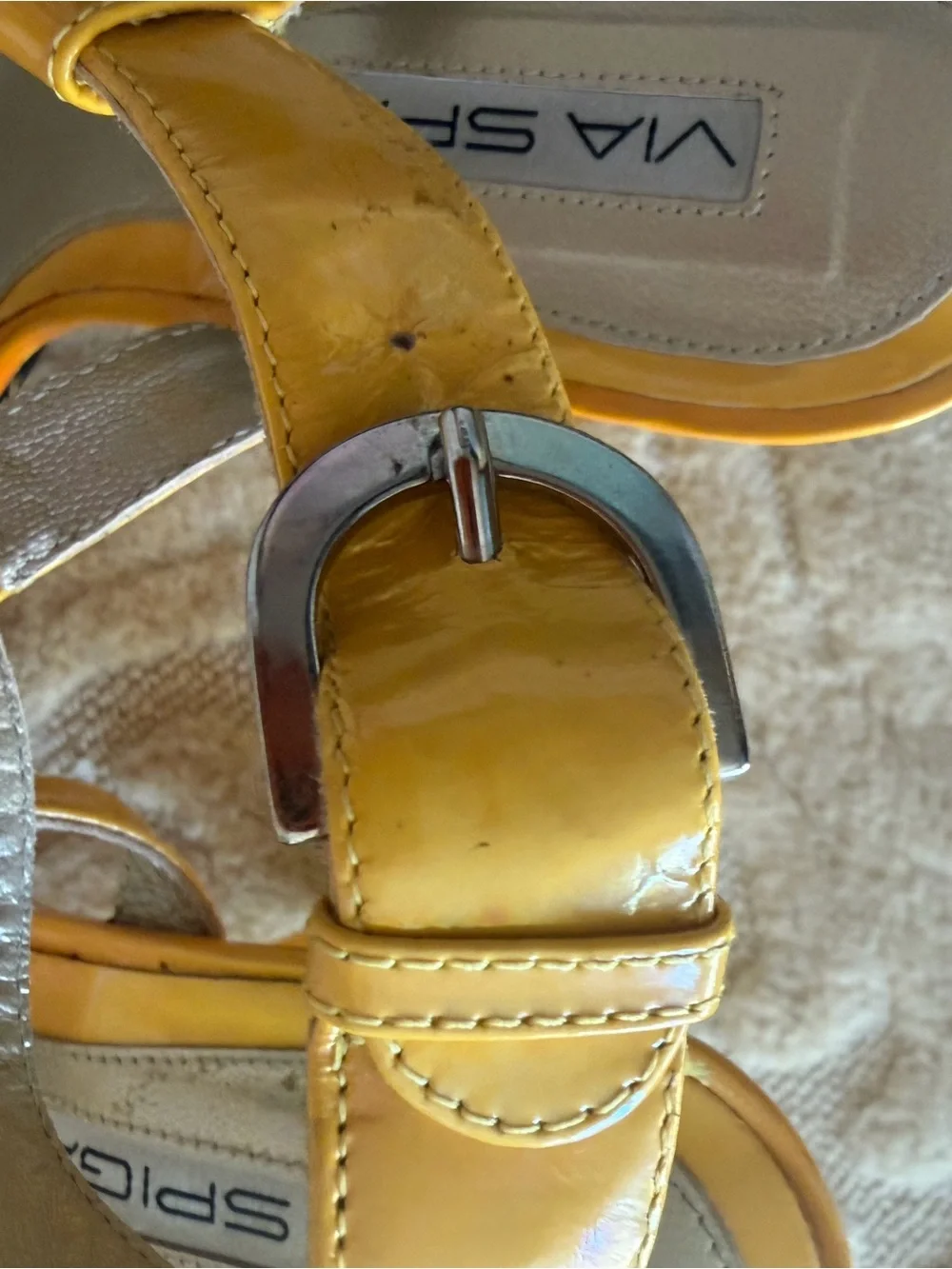 Via Spiga strappy Yellow Patent womens Wedge shoes size 9-1/2